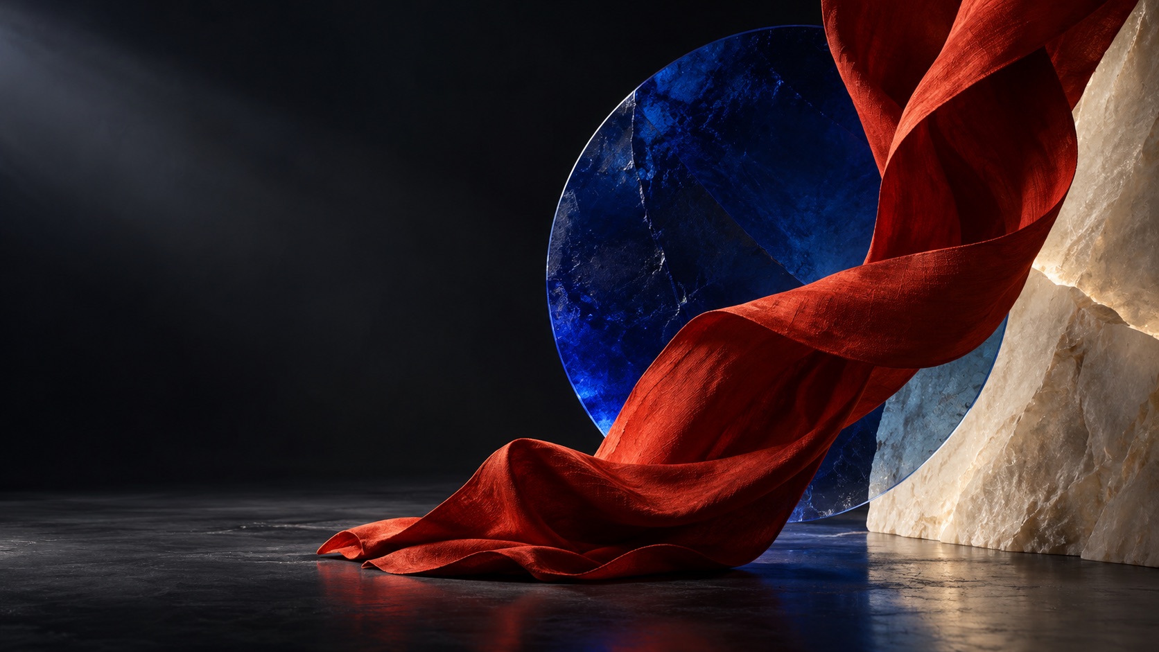Composición conceptual de tela roja, círculo azul y piedra marfil