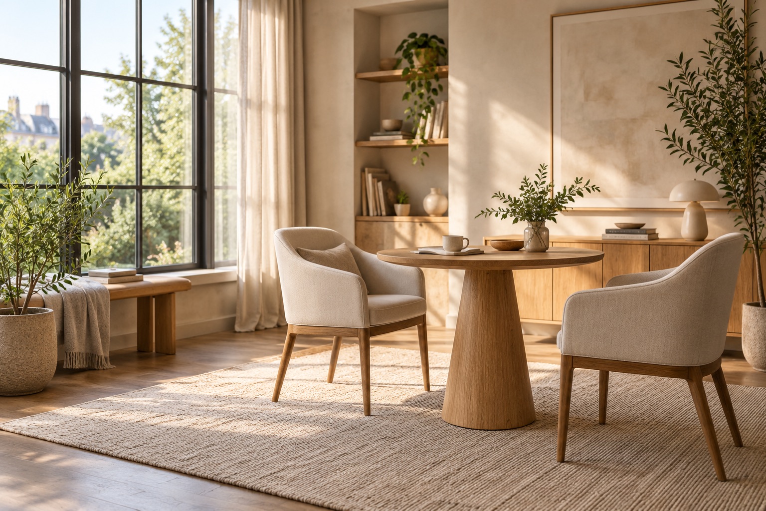Espacio de atención genérico ilustrativo, con mesa y dos sillones