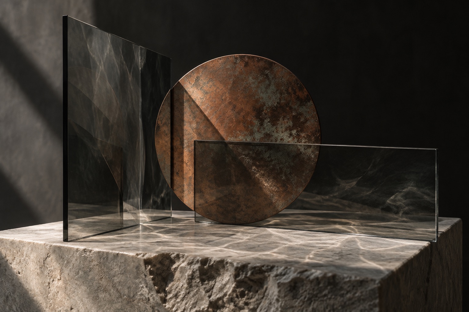 Planos de vidrio gris cruzan un disco de cobre sobre una base de piedra