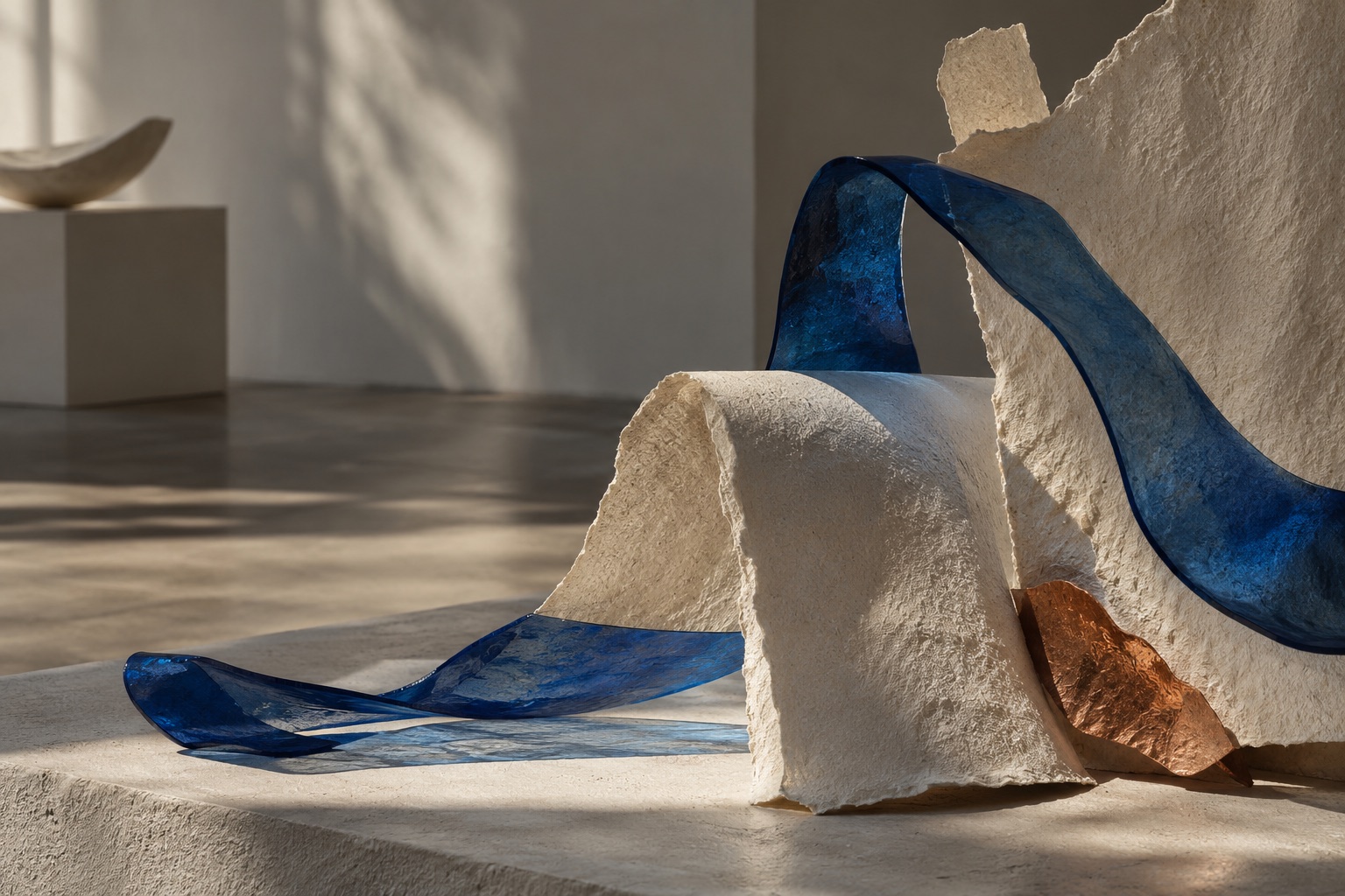 Relieves de papel marfil con una cinta azul translúcida y un acento de cobre