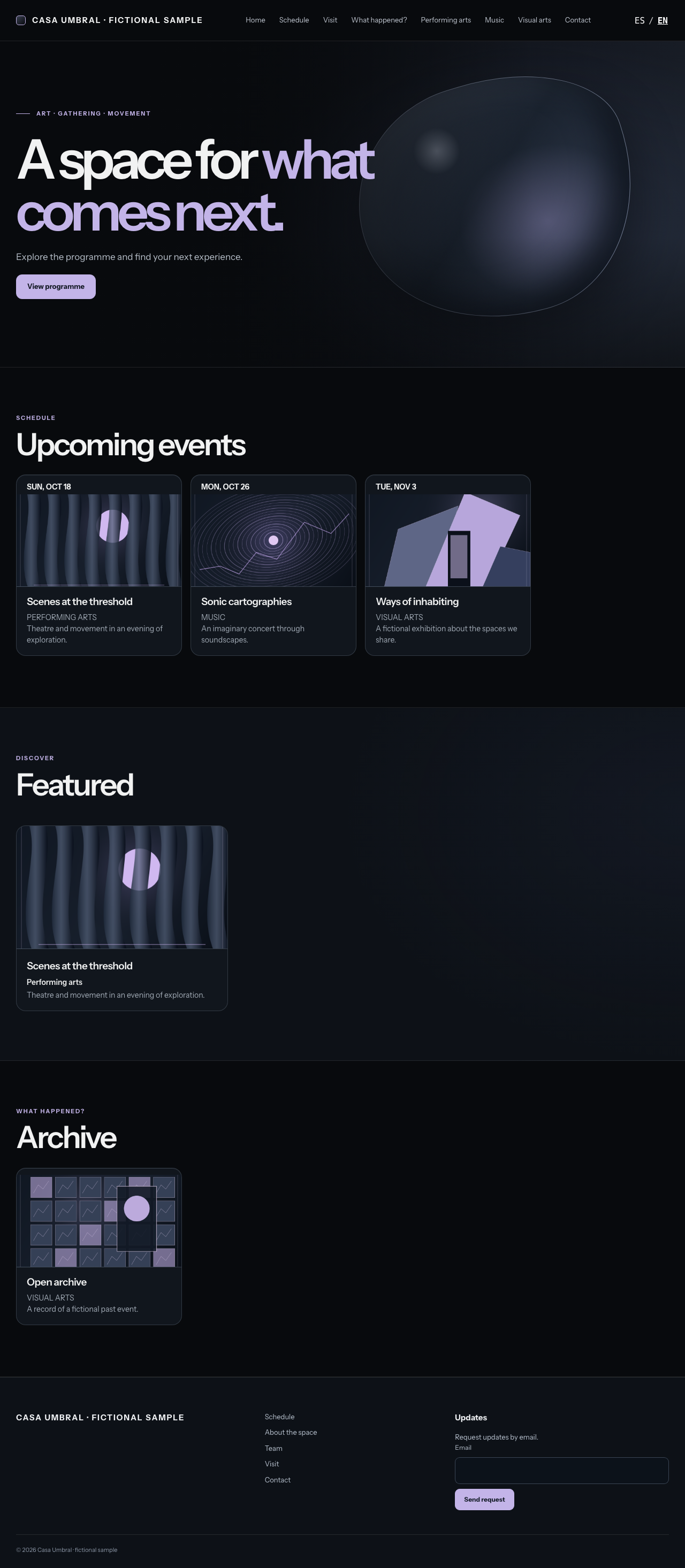 Captura de Casa Umbral con portada y agenda de eventos