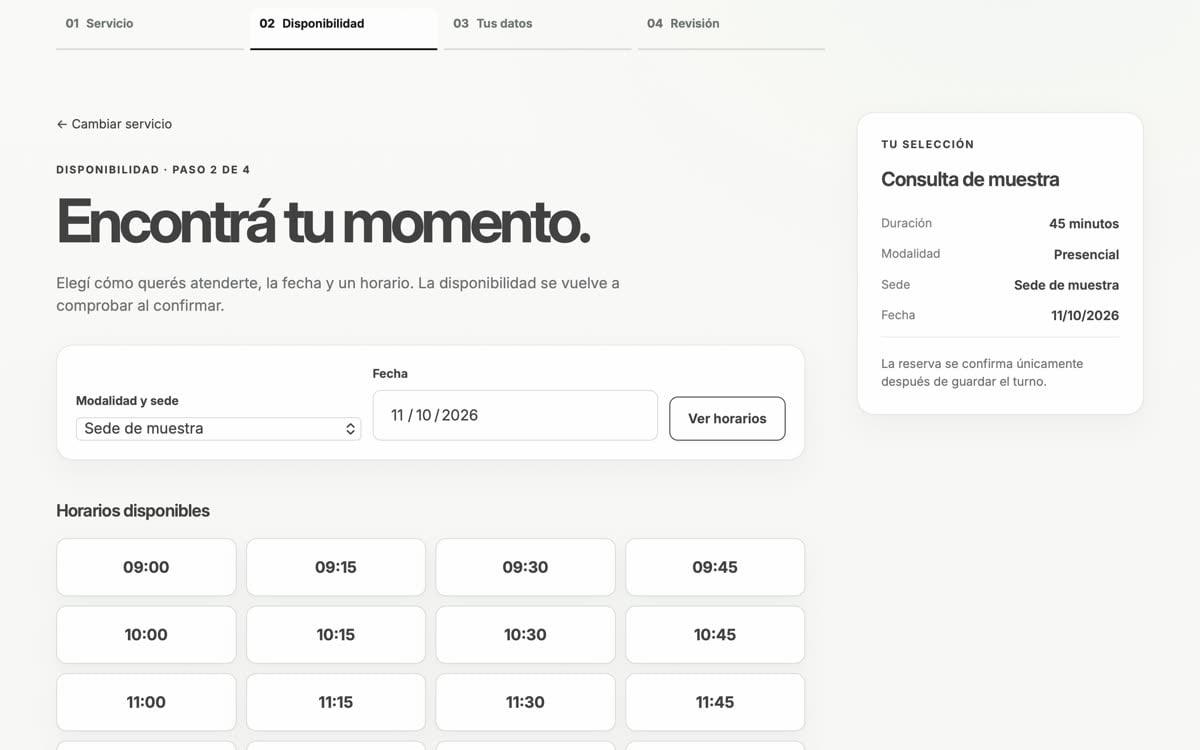 Pantalla del sistema de turnos con selección de sede, fecha y horarios disponibles